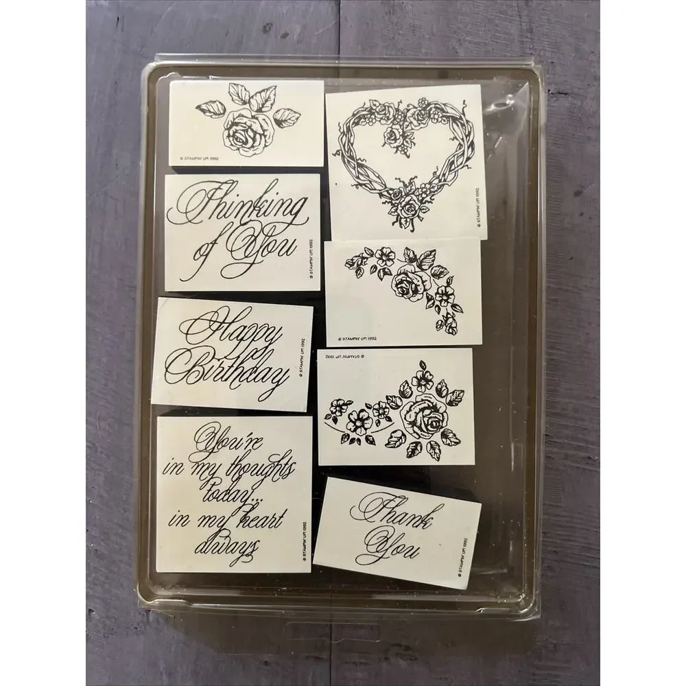 NEW STAMPIN UP 1992 RUBBER STAMP SET ROSES FLOWER GREETINGS SAYINGS 27 PIECES